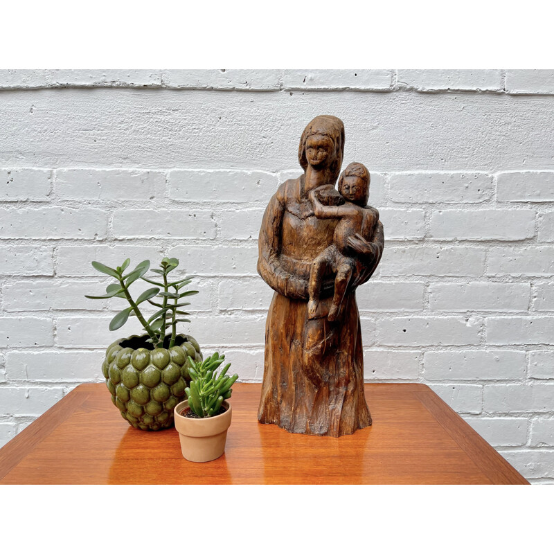 Vintage Naive Wood Carving of Woman and Child Sculpture