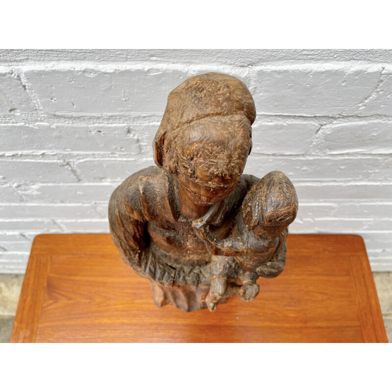 Vintage Naive Wood Carving of Woman and Child Sculpture