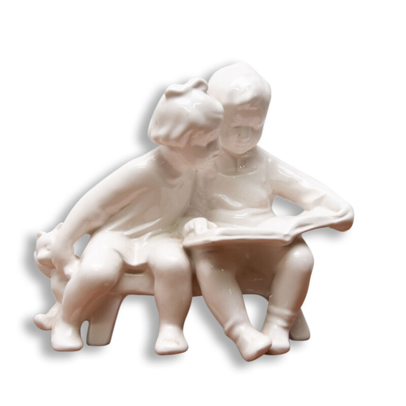 Vintage ceramic sculpture children with a book by Keramia Znojmo, Czechoslovakia 1950