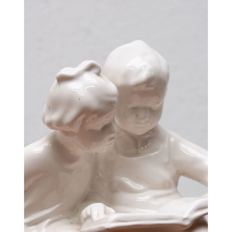 Vintage ceramic sculpture children with a book by Keramia Znojmo, Czechoslovakia 1950