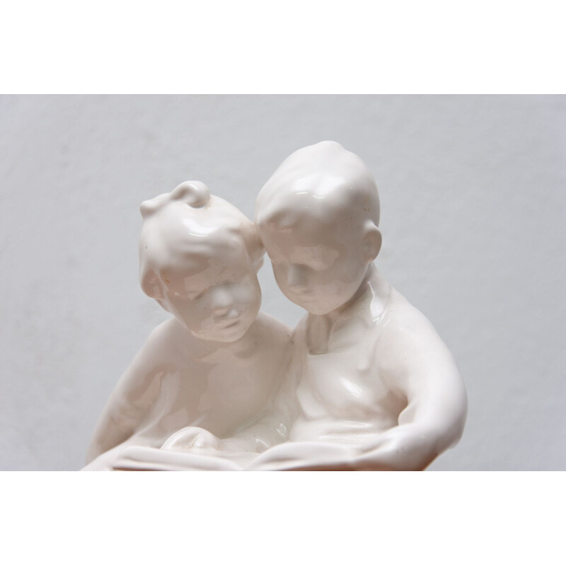 Vintage ceramic sculpture children with a book by Keramia Znojmo, Czechoslovakia 1950