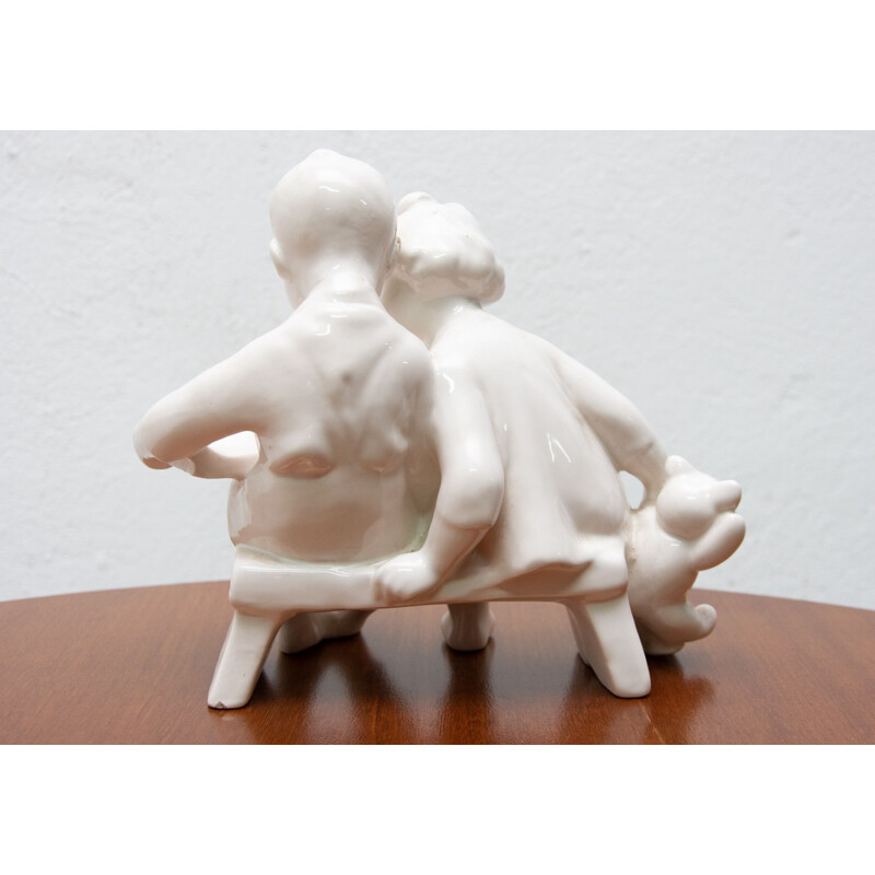 Vintage ceramic sculpture children with a book by Keramia Znojmo, Czechoslovakia 1950