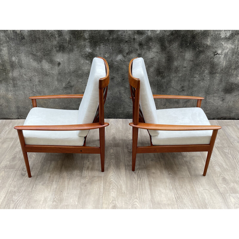 Pair of vintage PJ56 high back teak armchairs by Grete Jalk for Poul Jeppesen, Scandinavian 1960