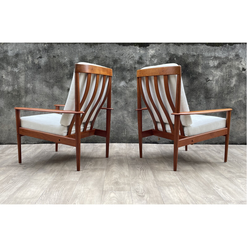 Pair of vintage PJ56 high back teak armchairs by Grete Jalk for Poul Jeppesen, Scandinavian 1960