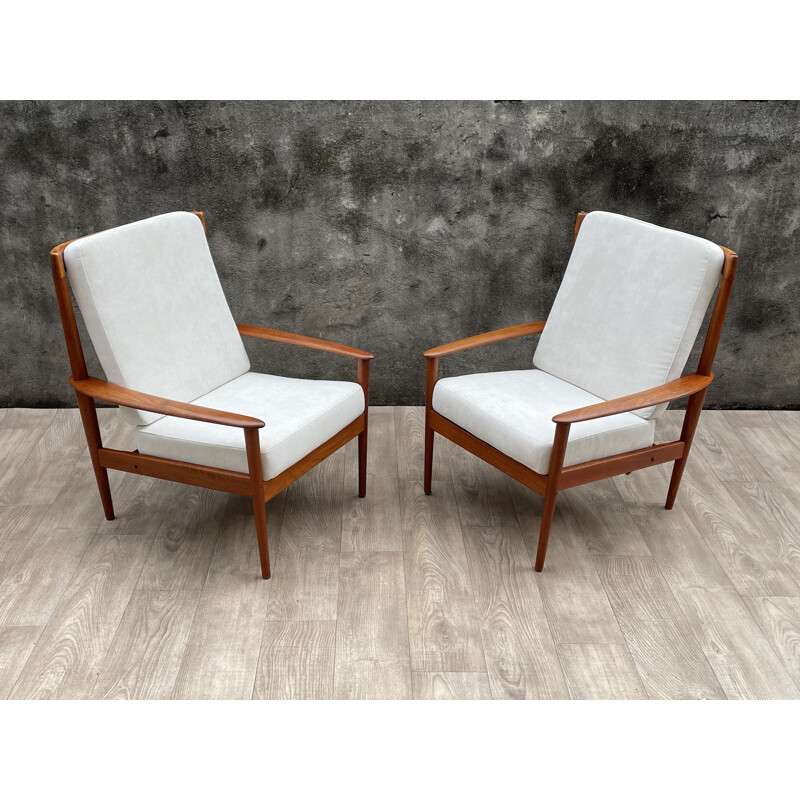 Pair of vintage PJ56 high back teak armchairs by Grete Jalk for Poul Jeppesen, Scandinavian 1960