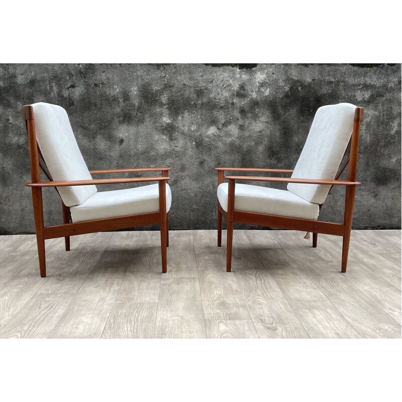 Pair of vintage PJ56 high back teak armchairs by Grete Jalk for Poul Jeppesen, Scandinavian 1960