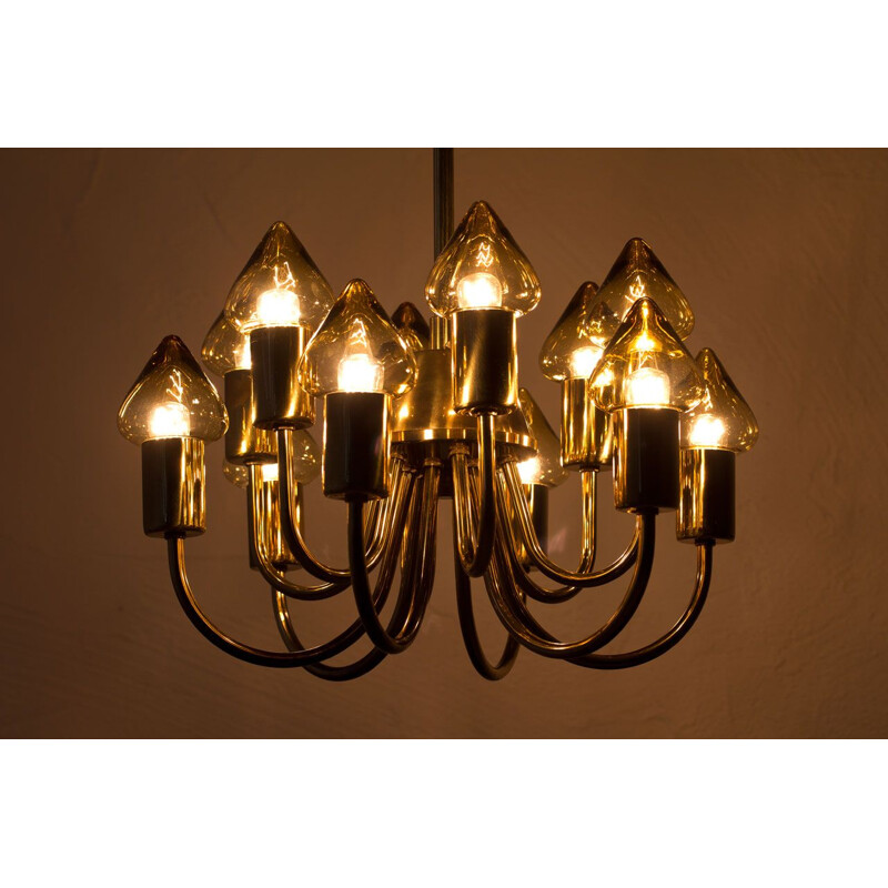 Vintage brass and glass chandelier model T 78912 by Hans-Agne Jakobsson, Sweden 1950s