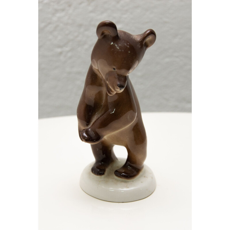 Vintage ceramic sculpture of a bear by the Lomonosov company, Soviet Union 1970
