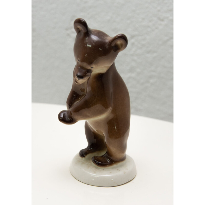 Vintage ceramic sculpture of a bear by the Lomonosov company, Soviet Union 1970