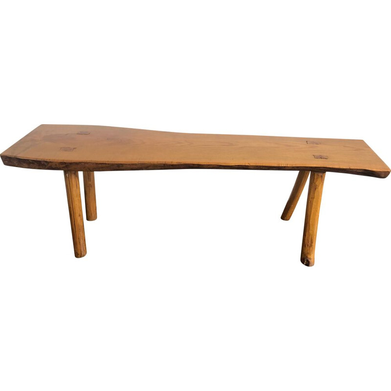 Vintage bench in solid elm, Brutalist 1960s