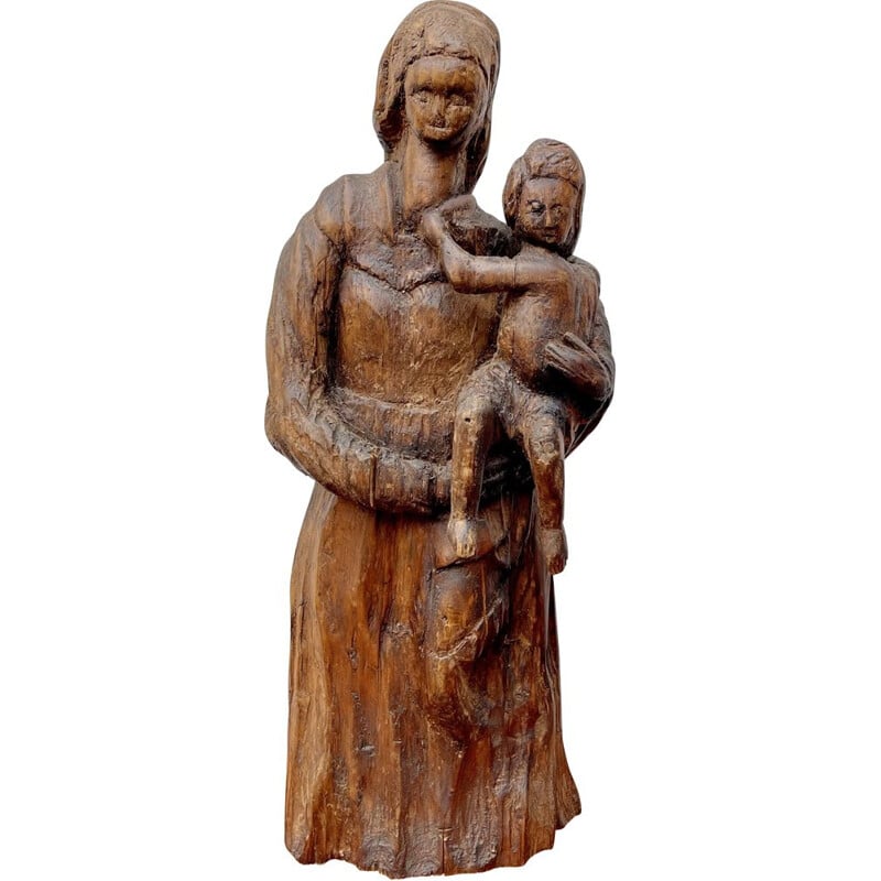Sculpture vintage en bois naïve d'une femme et d'un enfant
