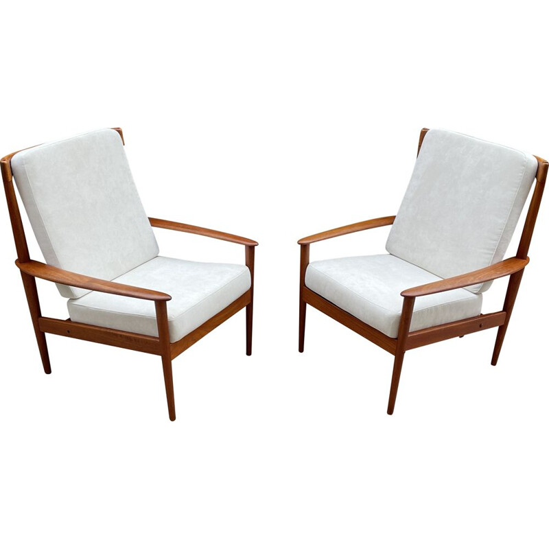 Pair of vintage PJ56 high back teak armchairs by Grete Jalk for Poul Jeppesen, Scandinavian 1960