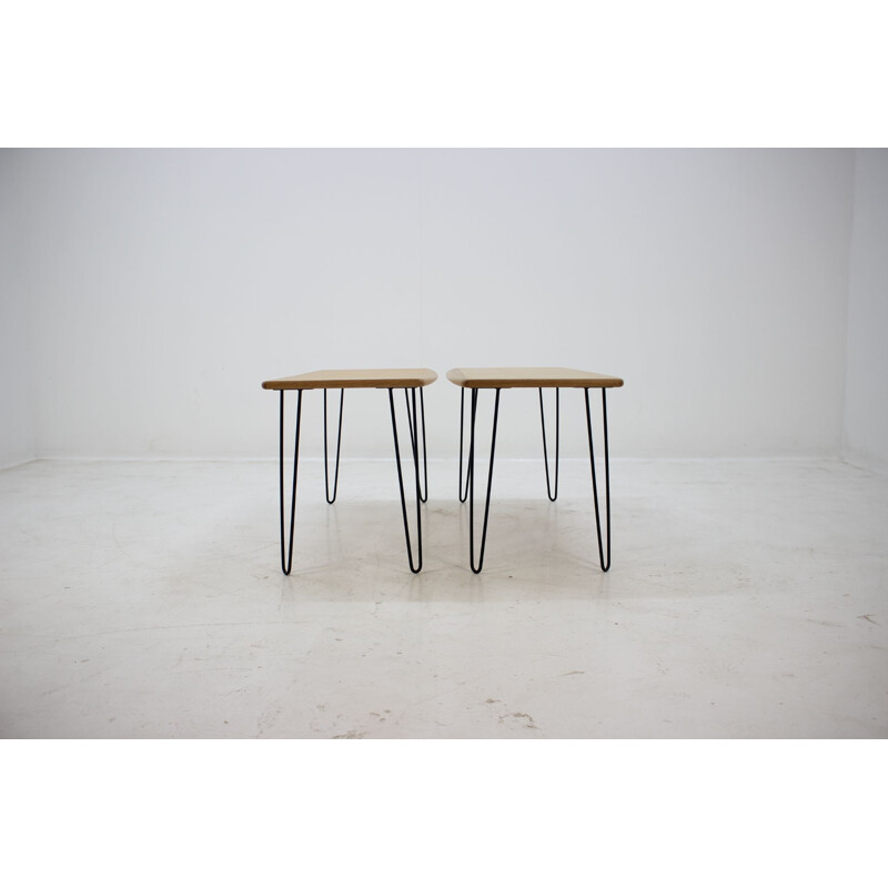 Pair of vintage oak coffee tables on hairpin legs, 1960