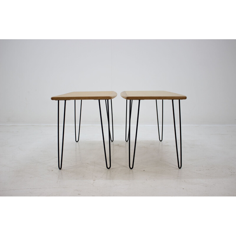 Pair of vintage oak coffee tables on hairpin legs, 1960