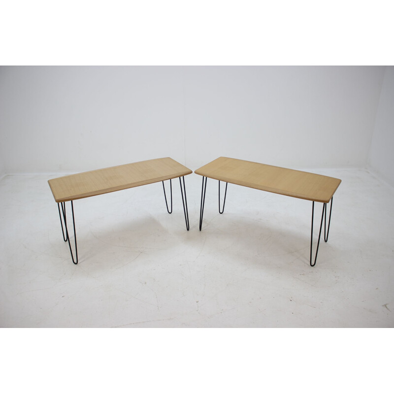 Pair of vintage oak coffee tables on hairpin legs, 1960