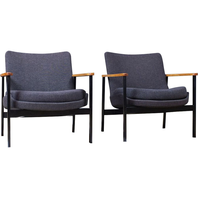 Pair of vintage Ib Kofod Larsen lounge chairs in dark grey wool on black metal frame for Fröscher 1972s