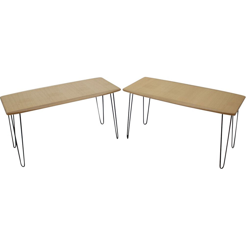 Pair of vintage oak coffee tables on hairpin legs, 1960