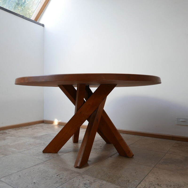 Vintage T21 Circular Elm Dining Table by Pierre Chapo, France 1970s