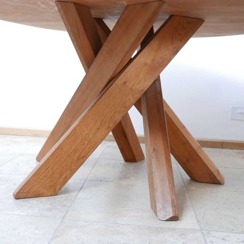 Table de salle à manger vintage circulaire T21 en Orme de Pierre Chapo, France 1970