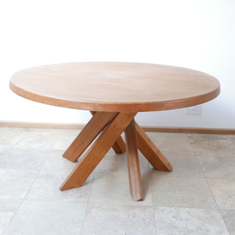 Vintage T21 Circular Elm Dining Table by Pierre Chapo, France 1970s