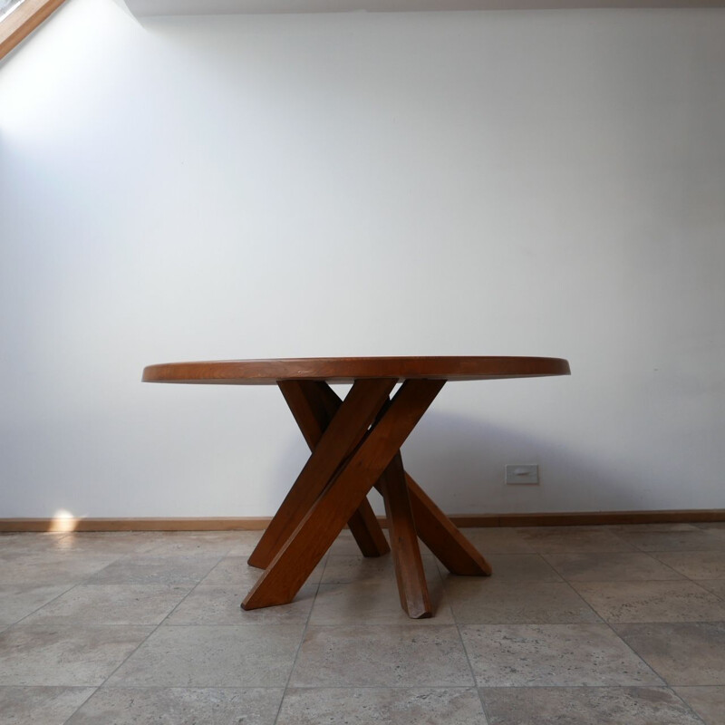 Vintage T21 Circular Elm Dining Table by Pierre Chapo, France 1970s