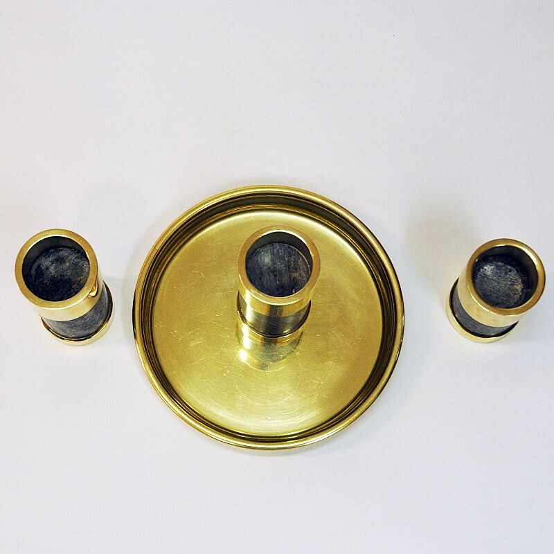 Set of 3 vintage brass and stone candlesticks by Saulo Sulitjelma, Norway 1970