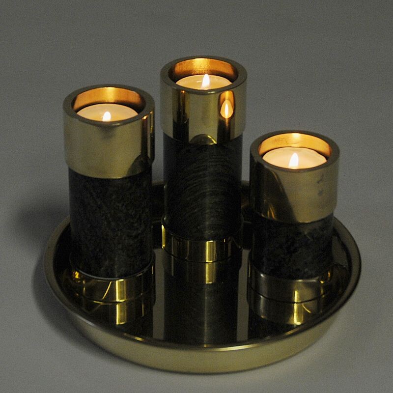Set of 3 vintage brass and stone candlesticks by Saulo Sulitjelma, Norway 1970