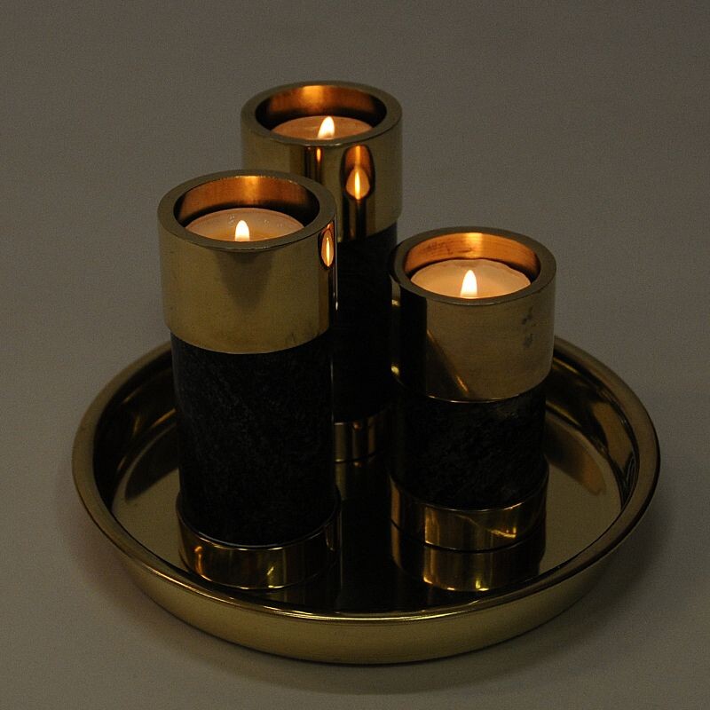 Set aus 3 Vintage-Kerzenständern aus Messing und Stein von Saulo Sulitjelma, Norwegen 1970