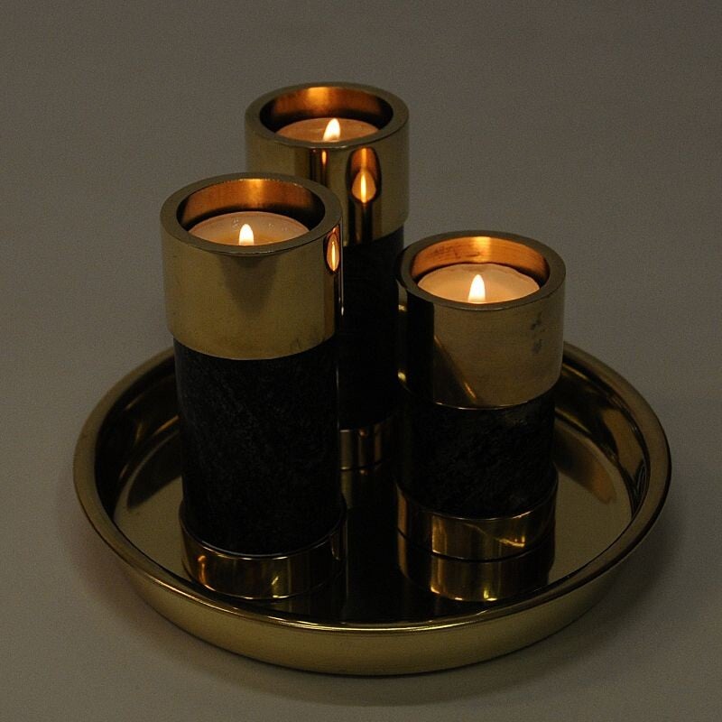 Set of 3 vintage brass and stone candlesticks by Saulo Sulitjelma, Norway 1970