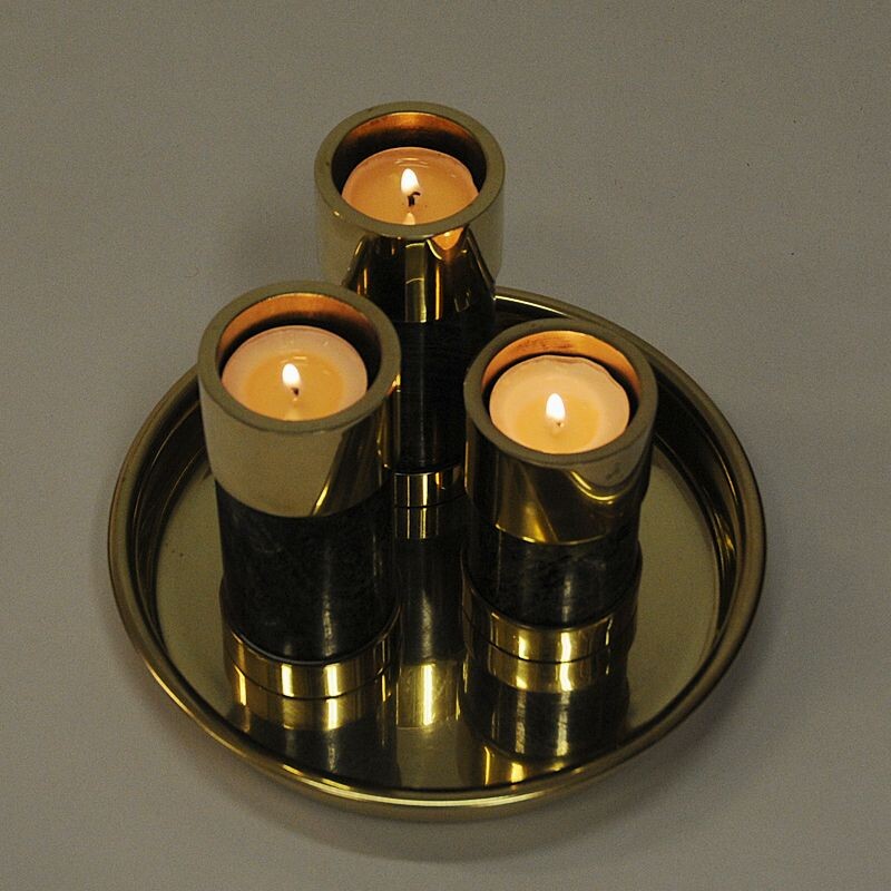 Set of 3 vintage brass and stone candlesticks by Saulo Sulitjelma, Norway 1970