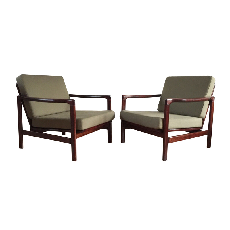 Pair of vintage Olive Model B-7752 Armchairs by Zenon Bączyk for Swarzędzkie Fabryki Mebli 1960s