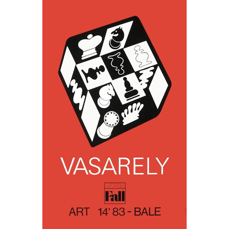Vintage rode schaakposter door Victor Vasarely voor George Fall, 1983
