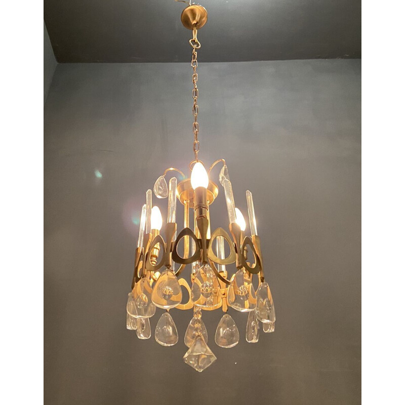 Vintage Crystal and Gold Chandelier by Gaetano Sciolari 1970s