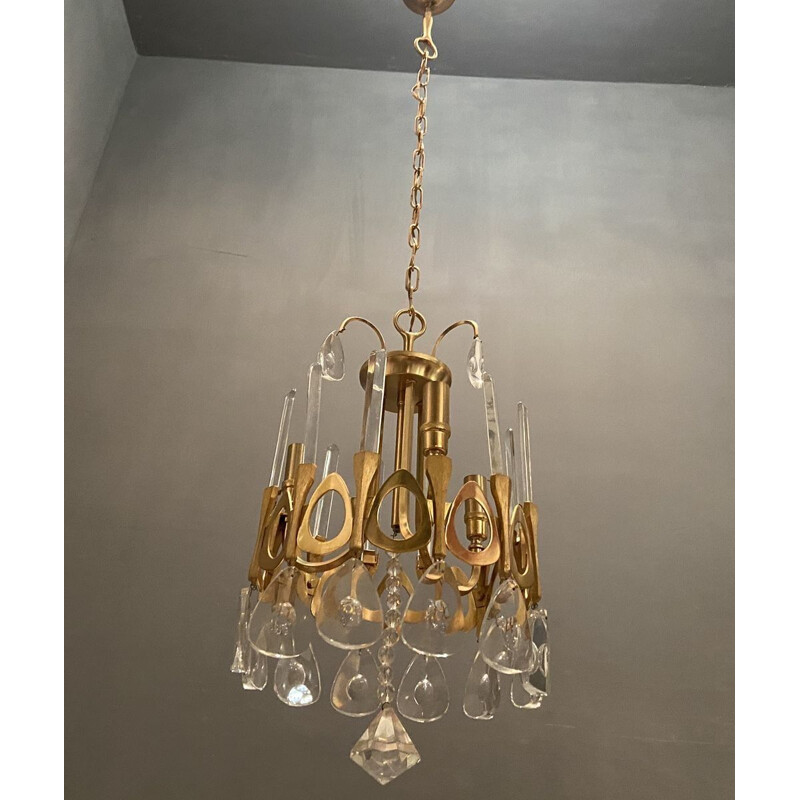 Lampadario vintage in cristallo e oro di Gaetano Sciolari 1970