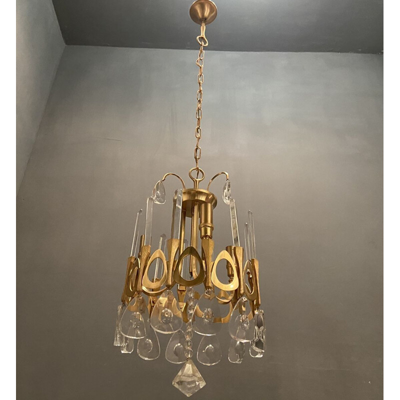 Vintage Crystal and Gold Chandelier by Gaetano Sciolari 1970s