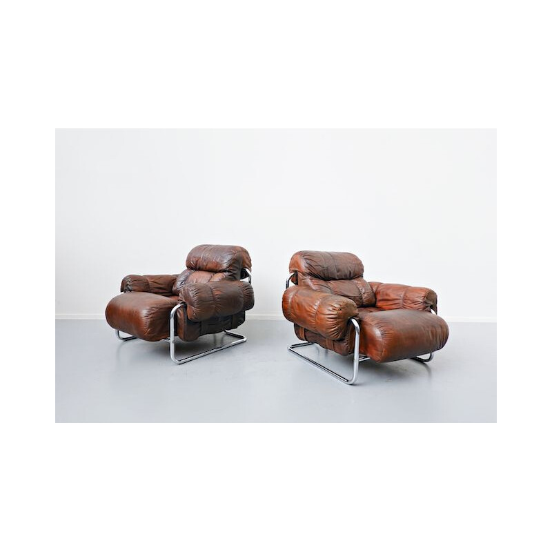 Pair of vintage "Tucroma" Armchairs By Guido Faleschini Leather, Italian 