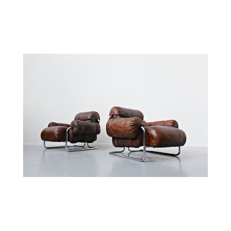 Pair of vintage "Tucroma" Armchairs By Guido Faleschini Leather, Italian 