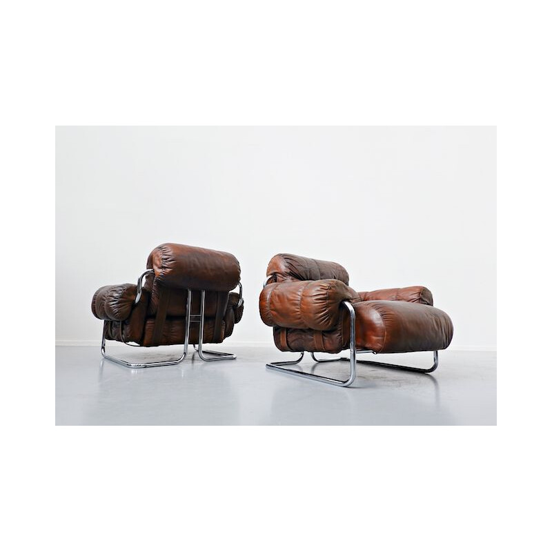 Paar vintage fauteuils "Tucroma" van Guido Faleschini Leer, Italiaans