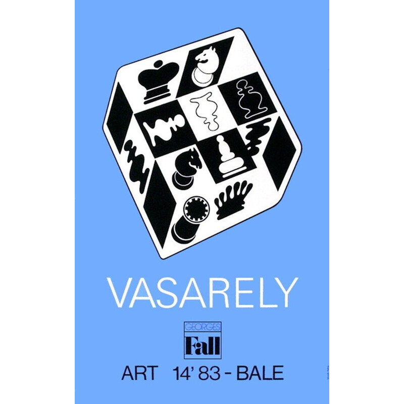 Affiche vintage Echecs Bleu de Victor Vasarely, 1983