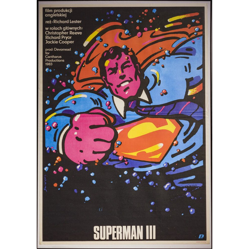 Cartel de cine de época "Superman III" por Waldemar Świerz, Polonia 1985.