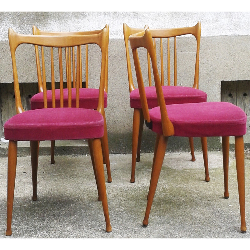 Chaise Stevens en bois teinté et velours fuchsia - 1960