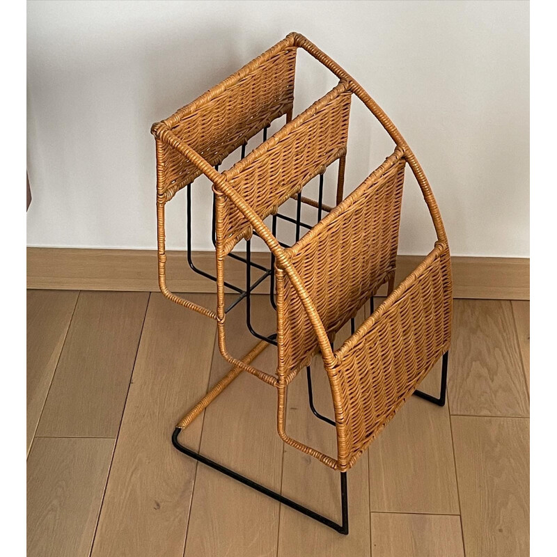 Vintage magazine rack in black lacquered metal and rattan by Raoul Guys, France 1950s