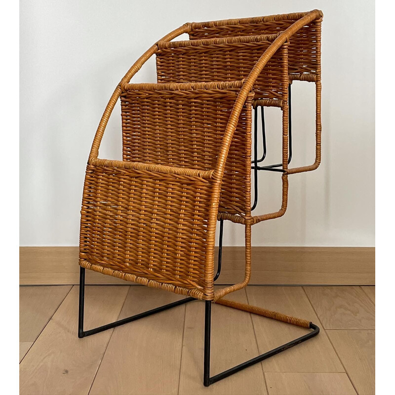 Vintage magazine rack in black lacquered metal and rattan by Raoul Guys, France 1950s