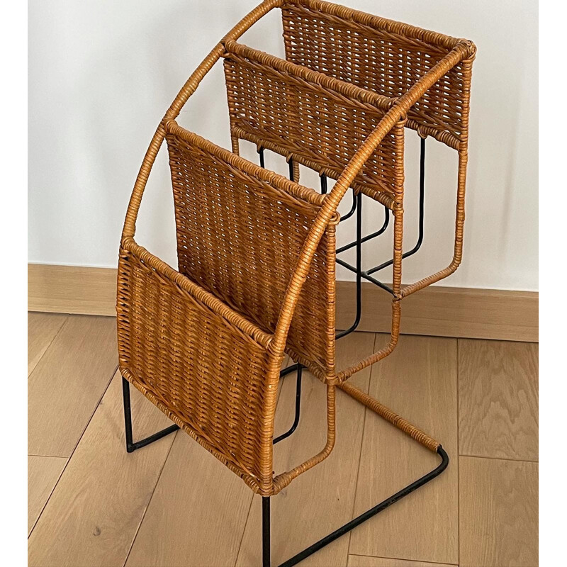 Vintage magazine rack in black lacquered metal and rattan by Raoul Guys, France 1950s