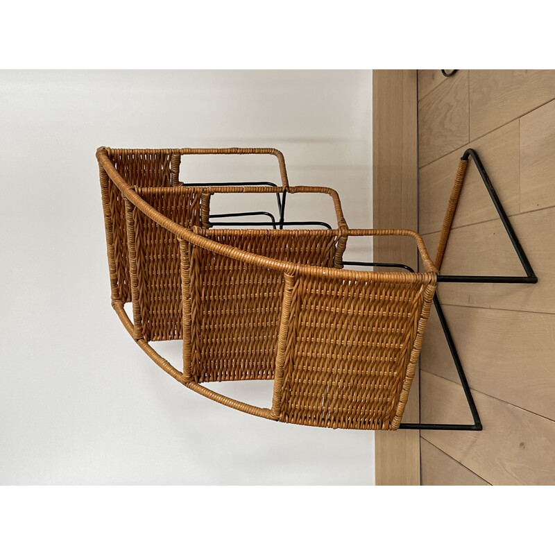 Vintage magazine rack in black lacquered metal and rattan by Raoul Guys, France 1950s