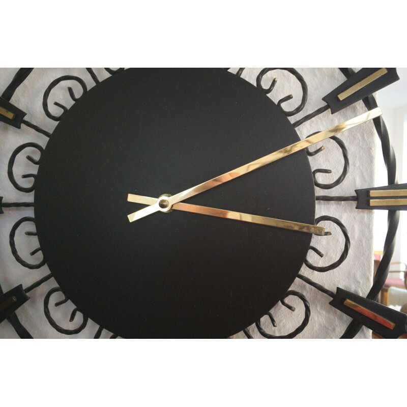 Vintage black & gold Electronic metal wall clock by Junghans, Germany 1960s