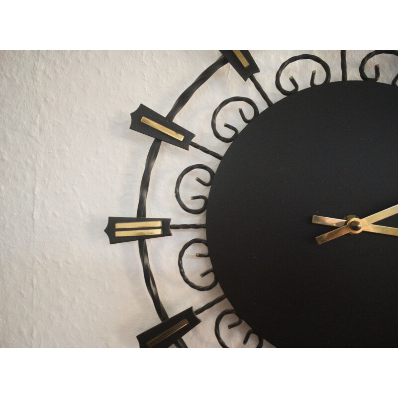 Vintage black & gold Electronic metal wall clock by Junghans, Germany 1960s