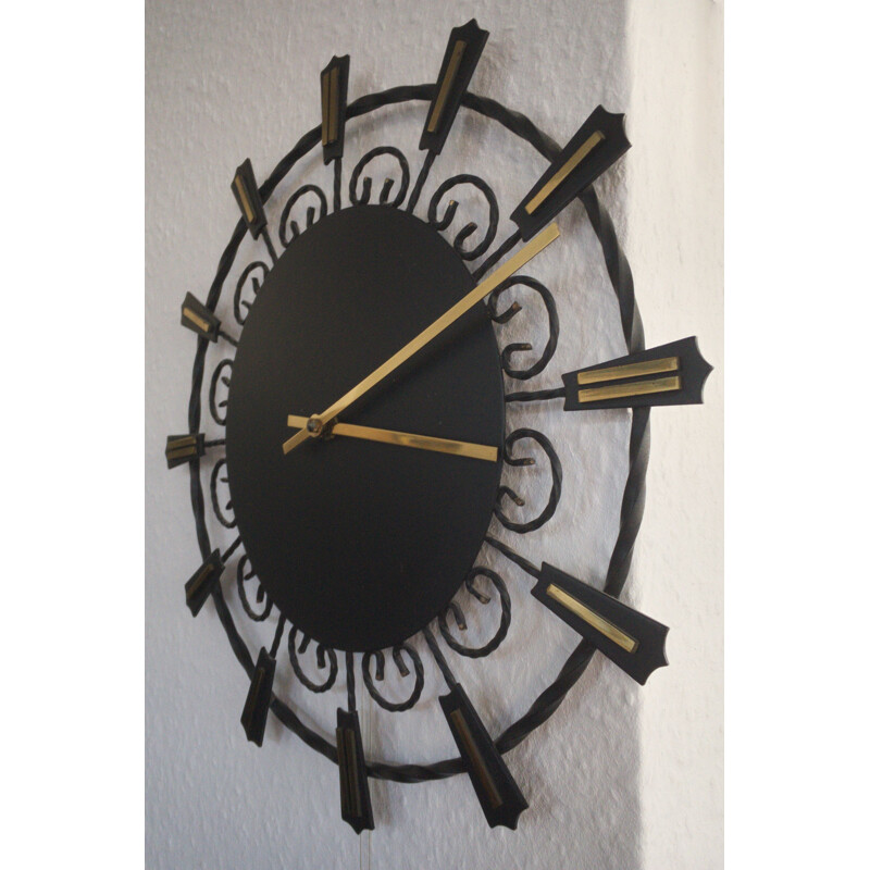 Vintage black & gold Electronic metal wall clock by Junghans, Germany 1960s
