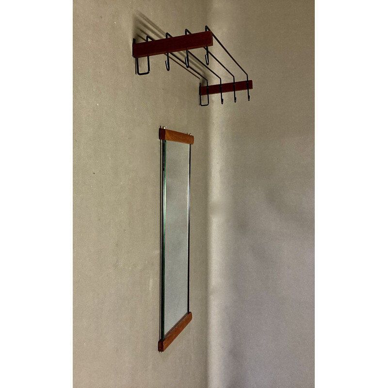 Vintage teak and metal coat rack and mirror, Scandinavian 1950s