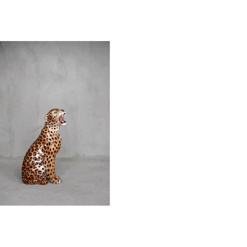 Modern ceramic sculpture of a sitting leopard, Italy 1970